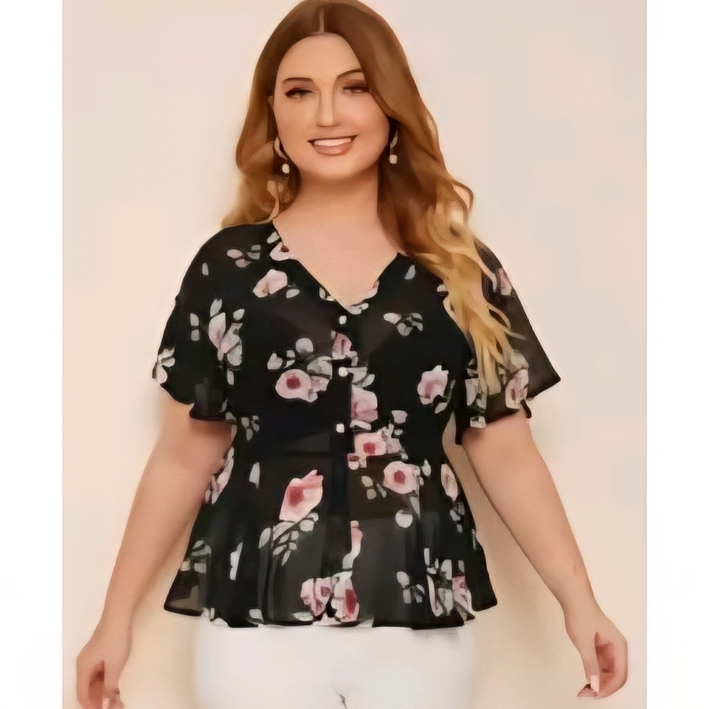 SHEIN Black and Pink Flutter Sleeve Peplum Blouse